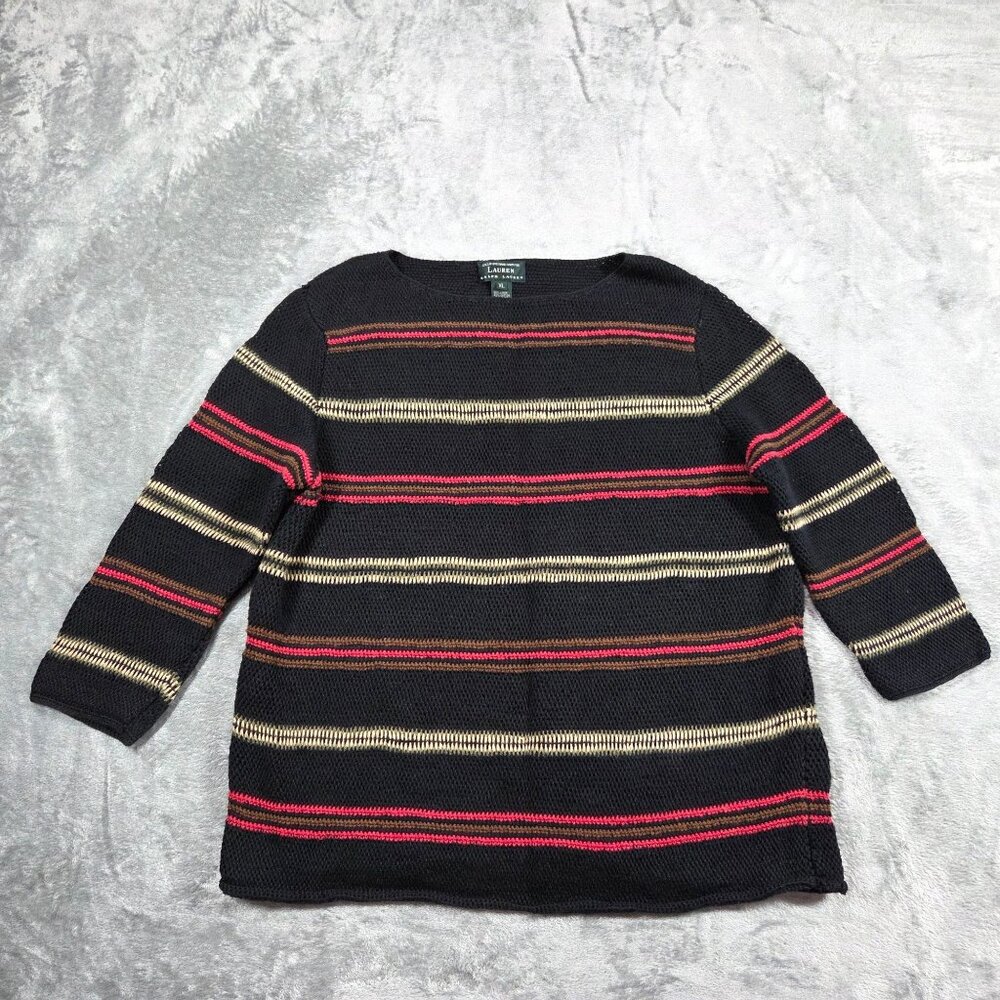 Lauren Ralph Lauren Sweater Womens XL Black Red Stripe Linen Blend Preppy Beachy